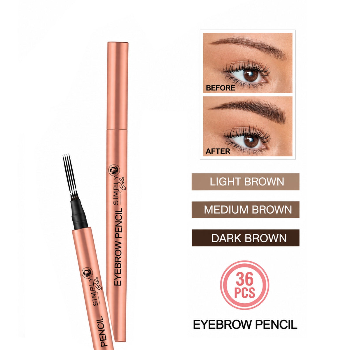 Simply Bella Micro-Fork Tip Eyebrow Pencil – Waterproof Microblading Effect Brow Pen (3 Shades: Light, Medium, Dark Brown)