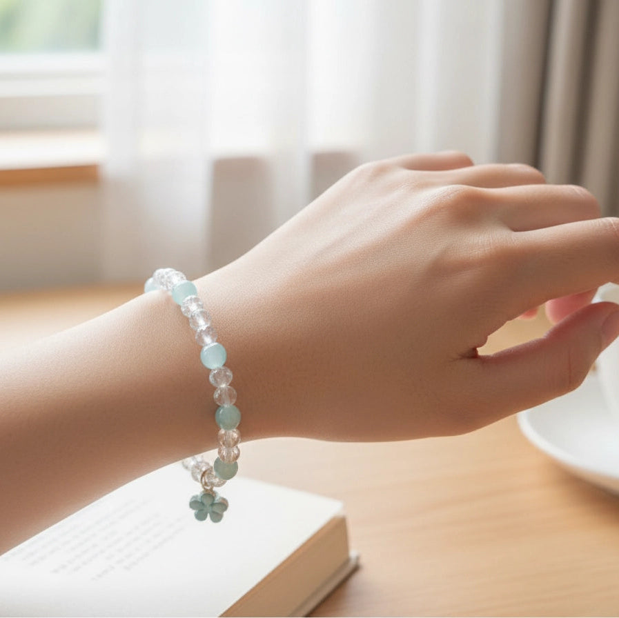 Clear Beaded Bracelet with Flower Charm – Crystal Stretch Bracelet for Women