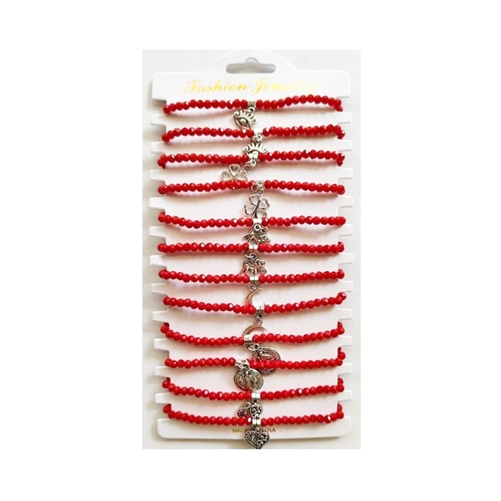Red String Faceted Bead & Assorted Charm Bracelet Set