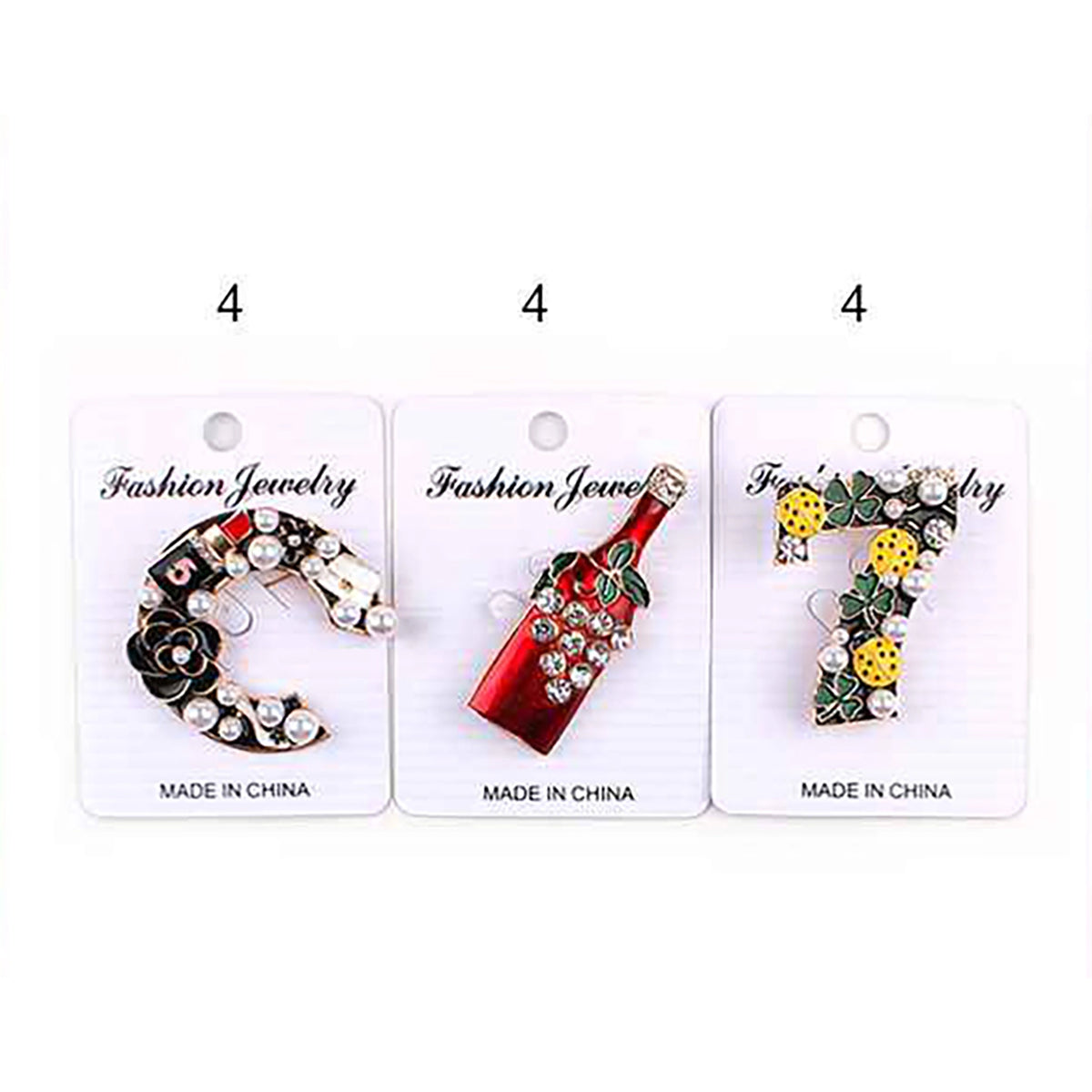 Vintage Chic Fashion Brooch Pin Assortment – Faux Pearl & Rhinestone Letter C, Wine Bottle, and Lucky Number 7 Brooches (4 cm) 12pcs (SAC12)
