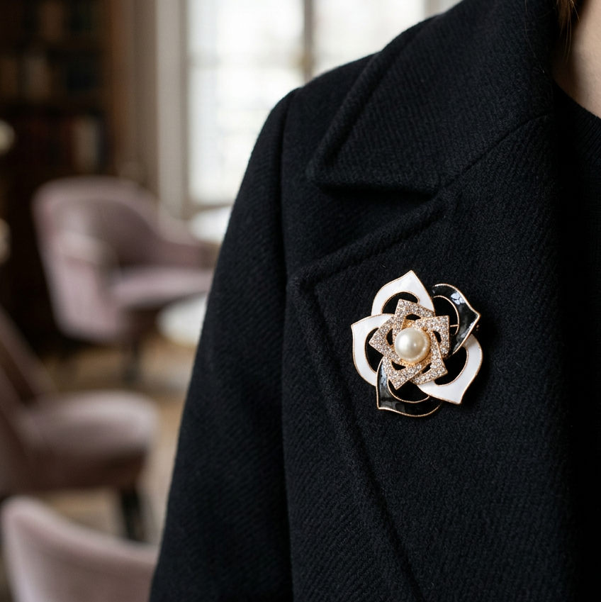 Vintage Monochrome Camellia Flower Brooch Pin – Black & White Enamel Rose Lapel Pin with Center Pearl & Crystal Rhinestones (SAC7)