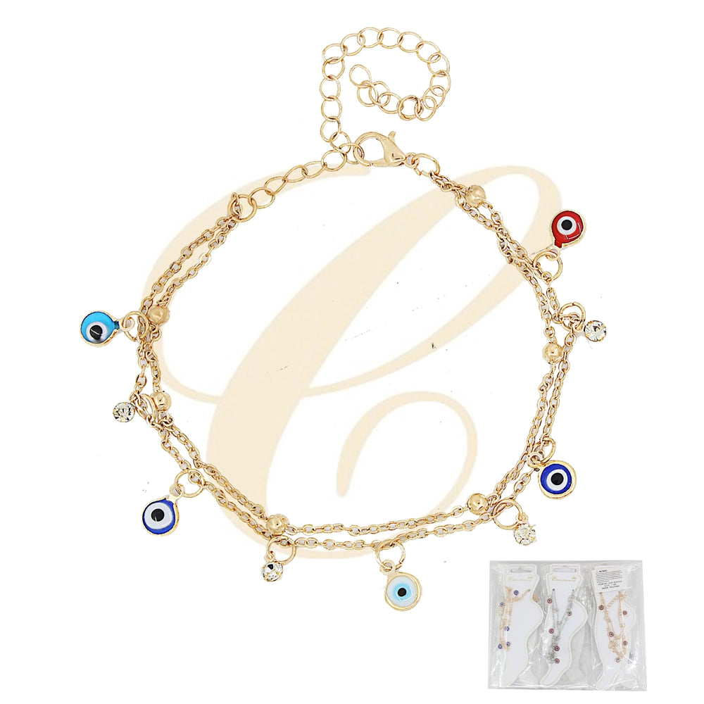 Double Layer Gold-Tone Evil Eye Anklet Set with Rhinestones | Protection Ankle Bracelet
