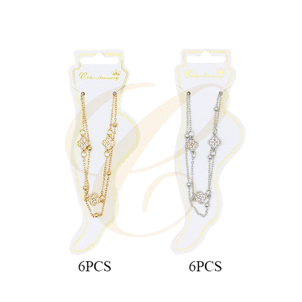 Dainty Layered Clover Charm Anklet | Sparkling Double Chain Ankle Bracelet