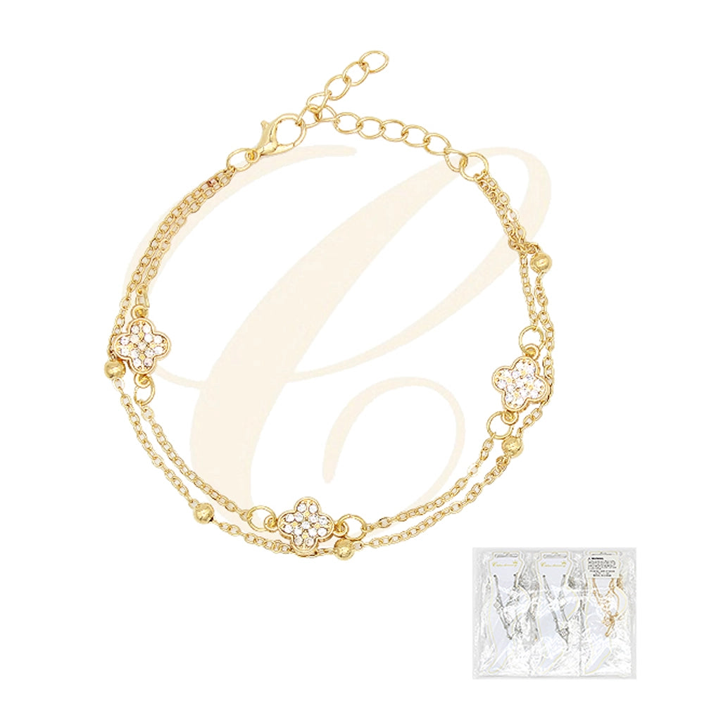 Dainty Layered Clover Charm Anklet | Sparkling Double Chain Ankle Bracelet