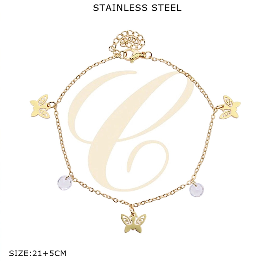 Elegant Butterfly & Crystal Charm Anklet | Stainless Steel Foot Jewelry (SAK-0120GS)