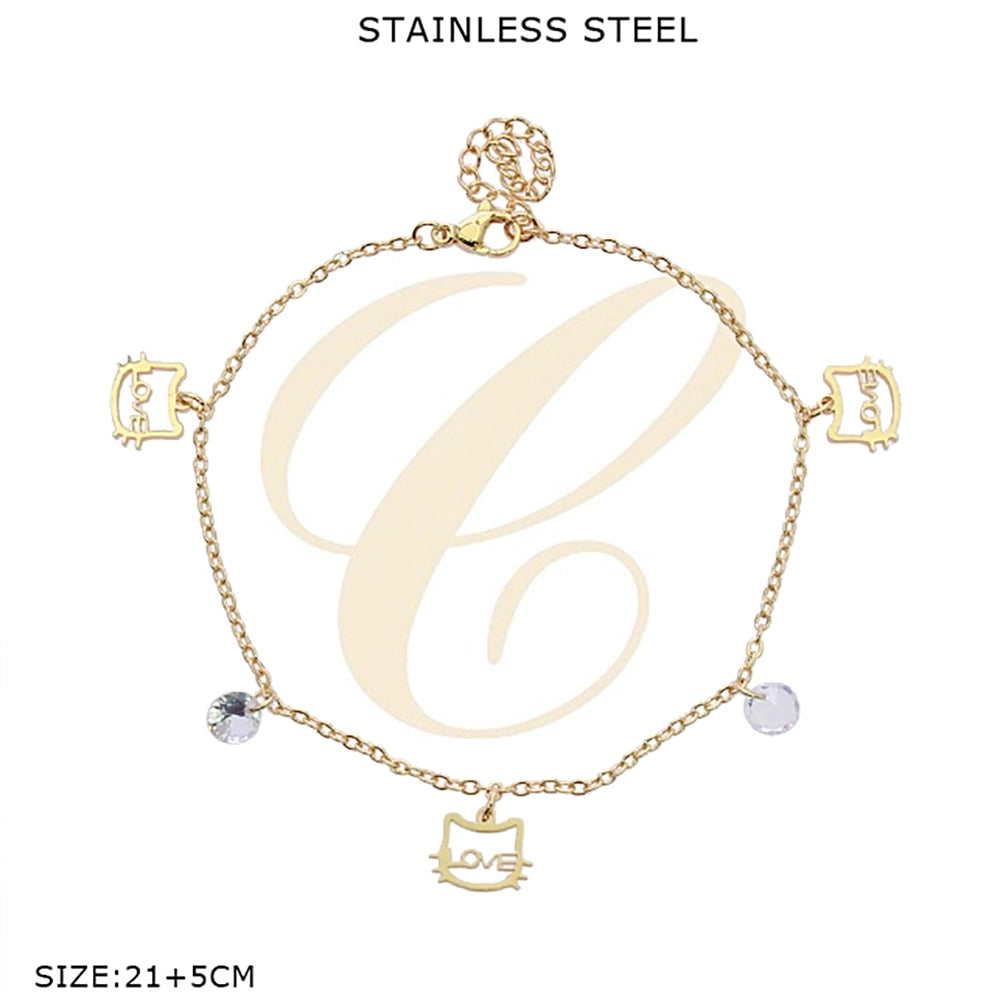 Dainty Filigree Cat & Crystal Charm Anklet – Stainless Steel Adjustable Ankle Bracelet – Gold & Silver Finish (SAK-0124GS)