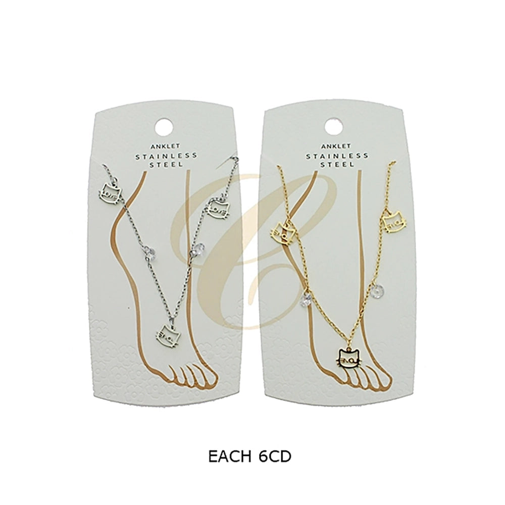 Dainty Filigree Cat & Crystal Charm Anklet – Stainless Steel Adjustable Ankle Bracelet – Gold & Silver Finish (SAK-0124GS)