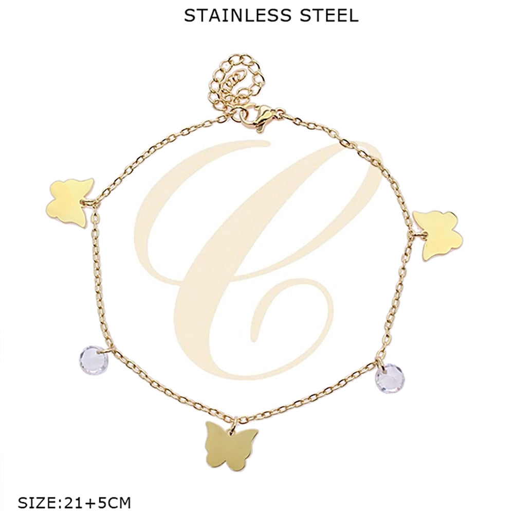 Butterfly & Crystal Charm Stainless Steel Anklet – Adjustable Gold & Silver Finish (SAK-0129GS)