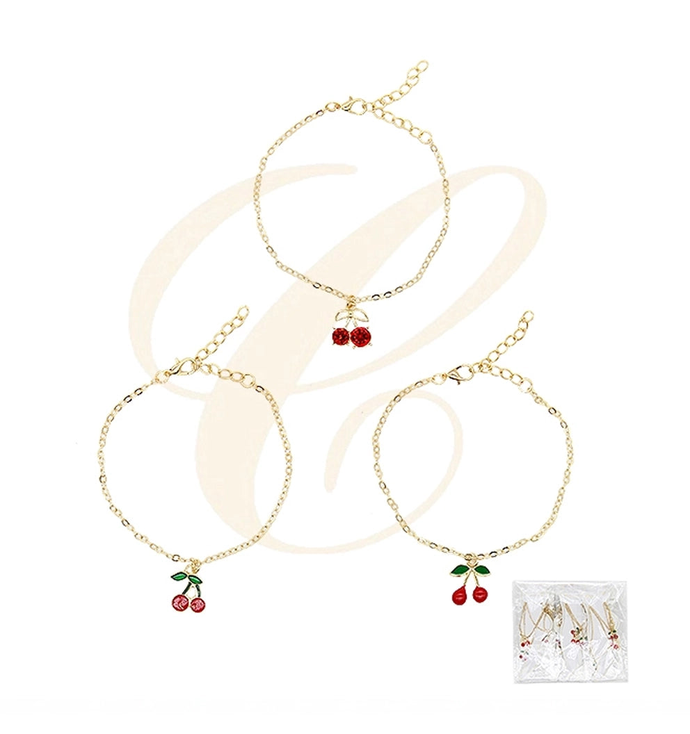 Dainty Cherry Charm Anklet - Gold Tone Chain, Red & Green Enamel Fruit Jewelry