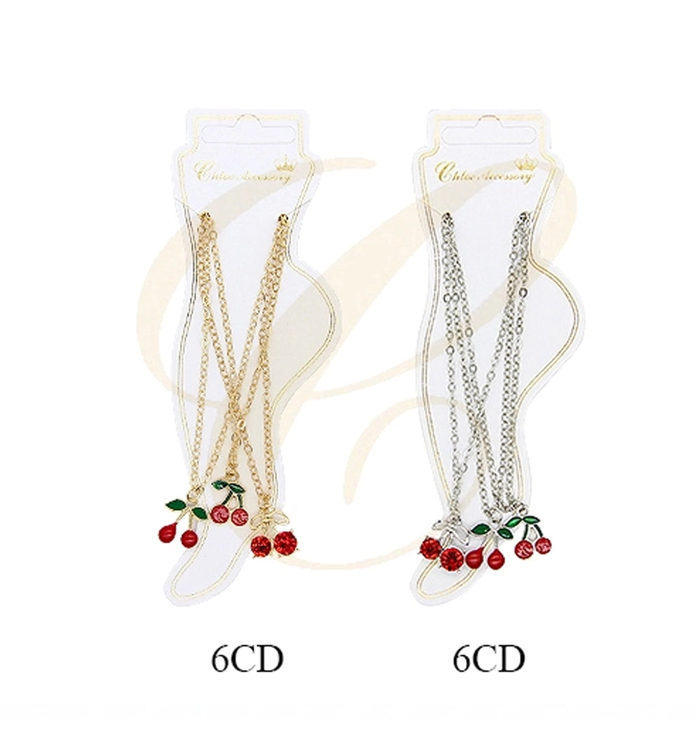 Dainty Cherry Charm Anklet - Gold Tone Chain, Red & Green Enamel Fruit Jewelry