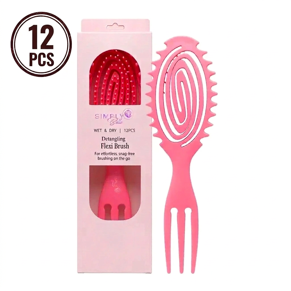 Simply Bella Detangling Flexi Brush with Sectioning Pick Handle – Wet & Dry Snag-Free Hairbrush (Pink) 12 Pcs