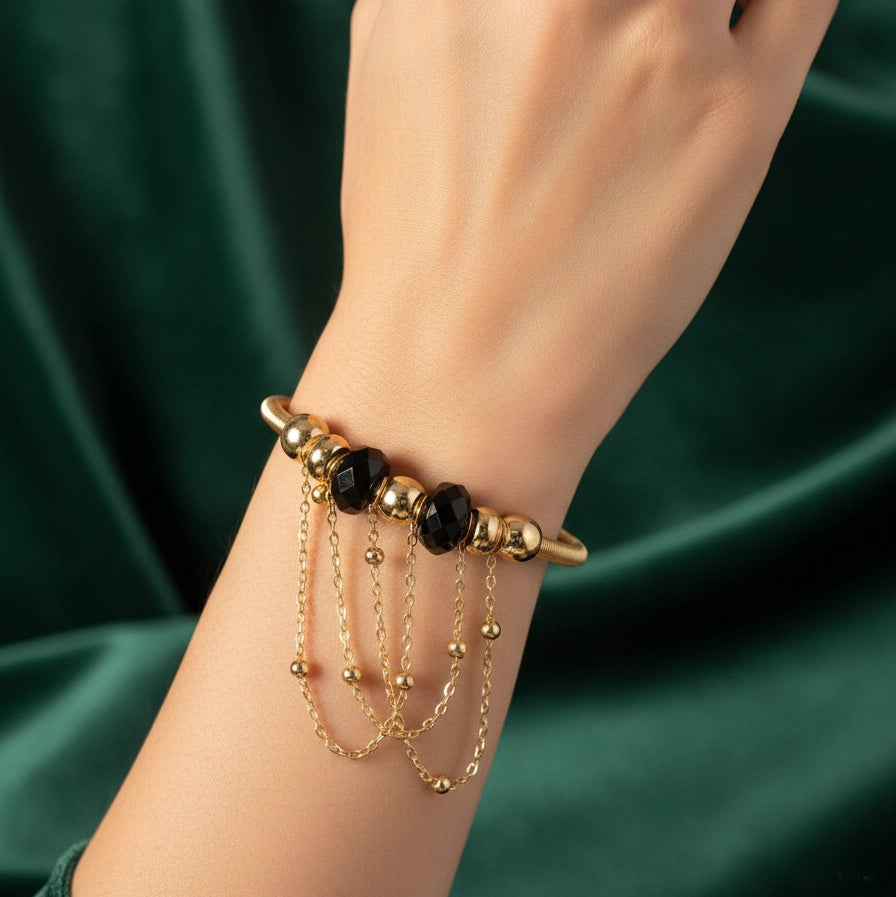 Modern Boho Gold/Silver Tone Wire Bangle | Black Facet Beads & Dangle Chain Fringe Cuff Bracelet