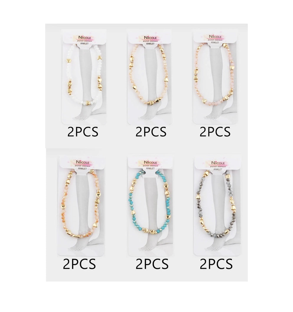 Stackable Beaded Anklet Set with Gold-Tone Hearts | Boho Summer Jewelry