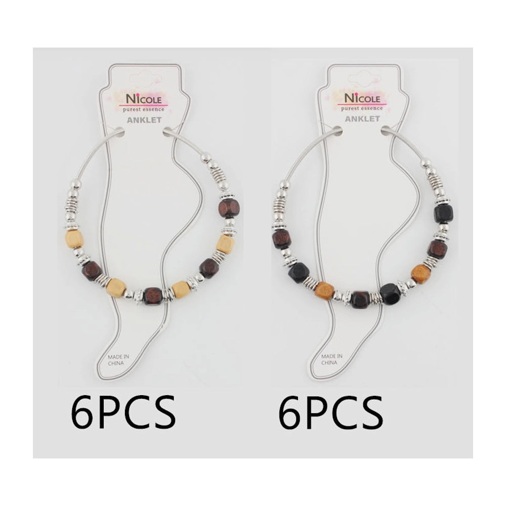 Earthy Elegance: Boho Wood & Silver Beaded Anklet