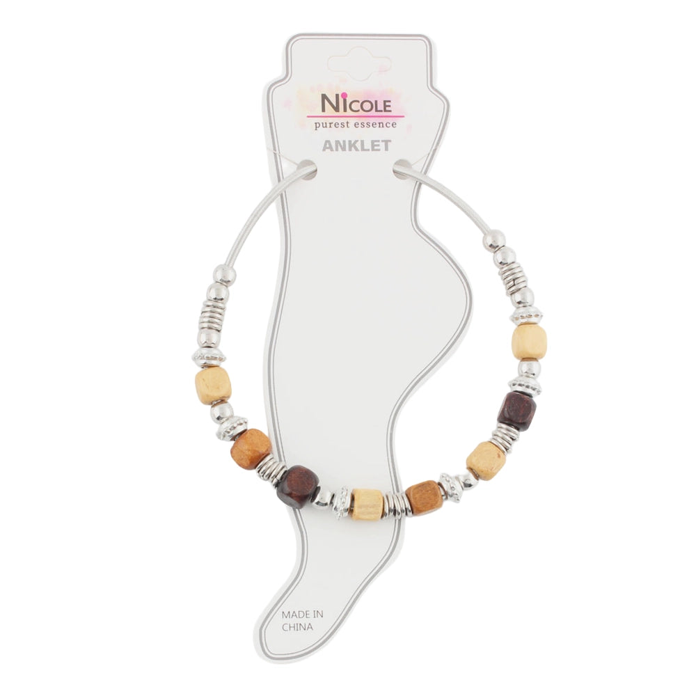 Earthy Elegance: Boho Wood & Silver Beaded Anklet
