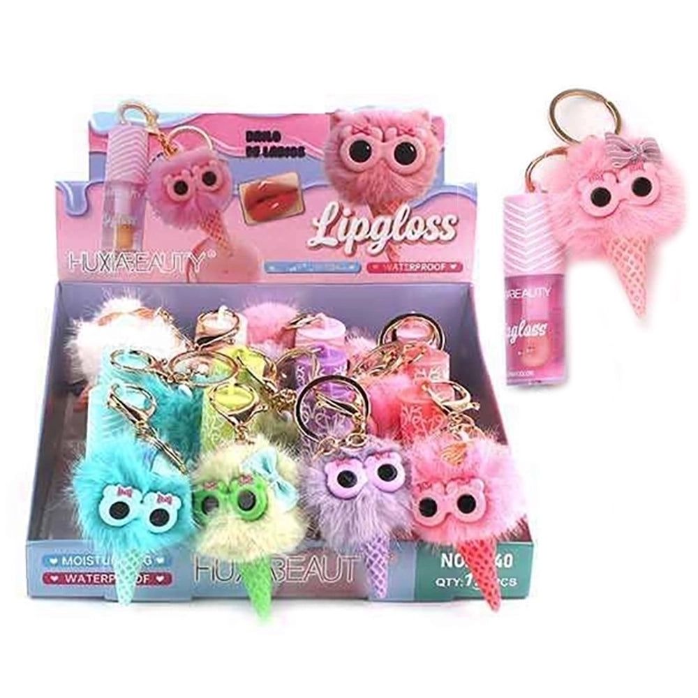 Cute Fluffy Plush Ice Cream Owl Keychain Lip Gloss Set – Hydrating & Waterproof Mini Lip Gloss with Bag Charm Keychain (SCM8)