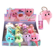 Cute Fluffy Plush Ice Cream Owl Keychain Lip Gloss Set – Hydrating & Waterproof Mini Lip Gloss with Bag Charm Keychain (SCM8)