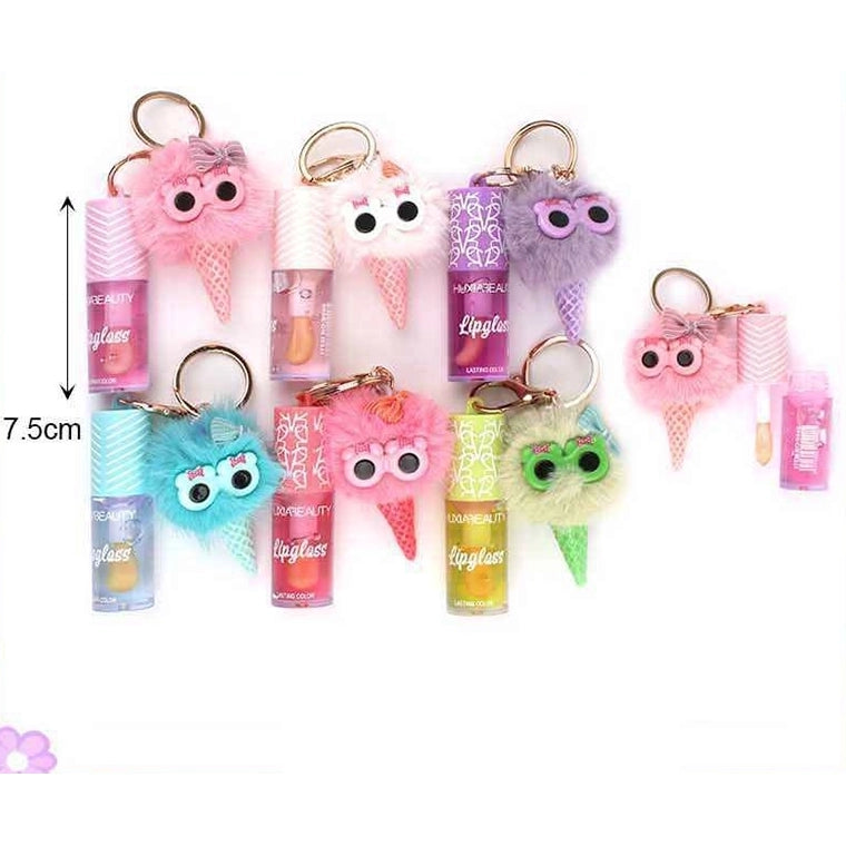 Cute Fluffy Plush Ice Cream Owl Keychain Lip Gloss Set – Hydrating & Waterproof Mini Lip Gloss with Bag Charm Keychain (SCM8)