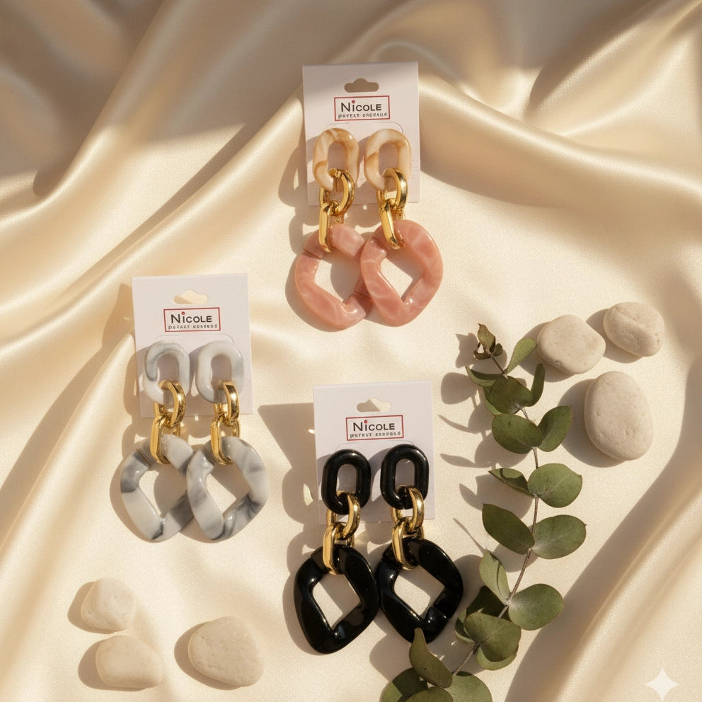 Marbled Resin Link Drop Earrings | Retro Acrylic Chain Statement Jewelry