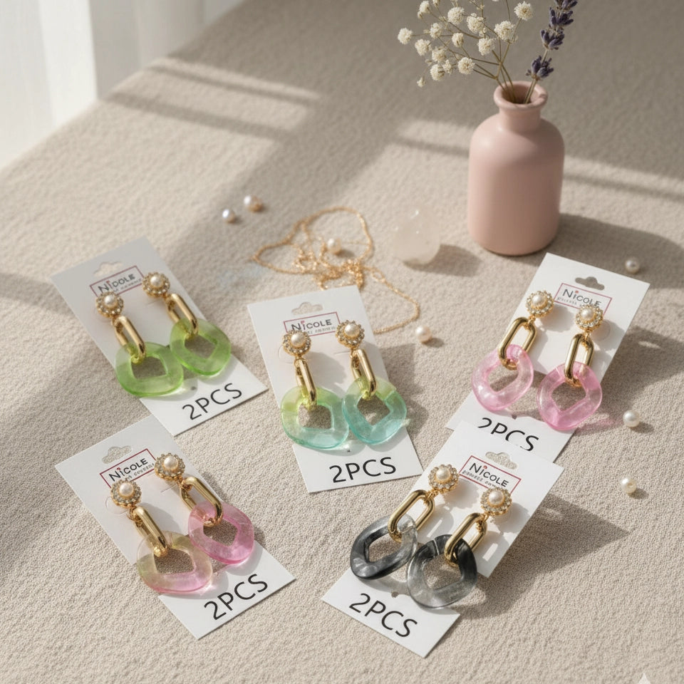 Iridescent Link Dangle Earrings | Pearl Stud Statement