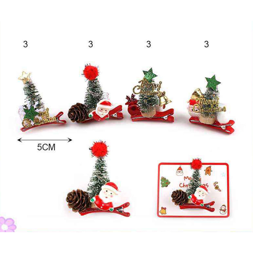 LED Light-Up Christmas Tree Hair Clips – Festive Bottle Brush Tree Alligator Barrette with Santa & Pinecone Accents (12 Pcs) (SHP1)
