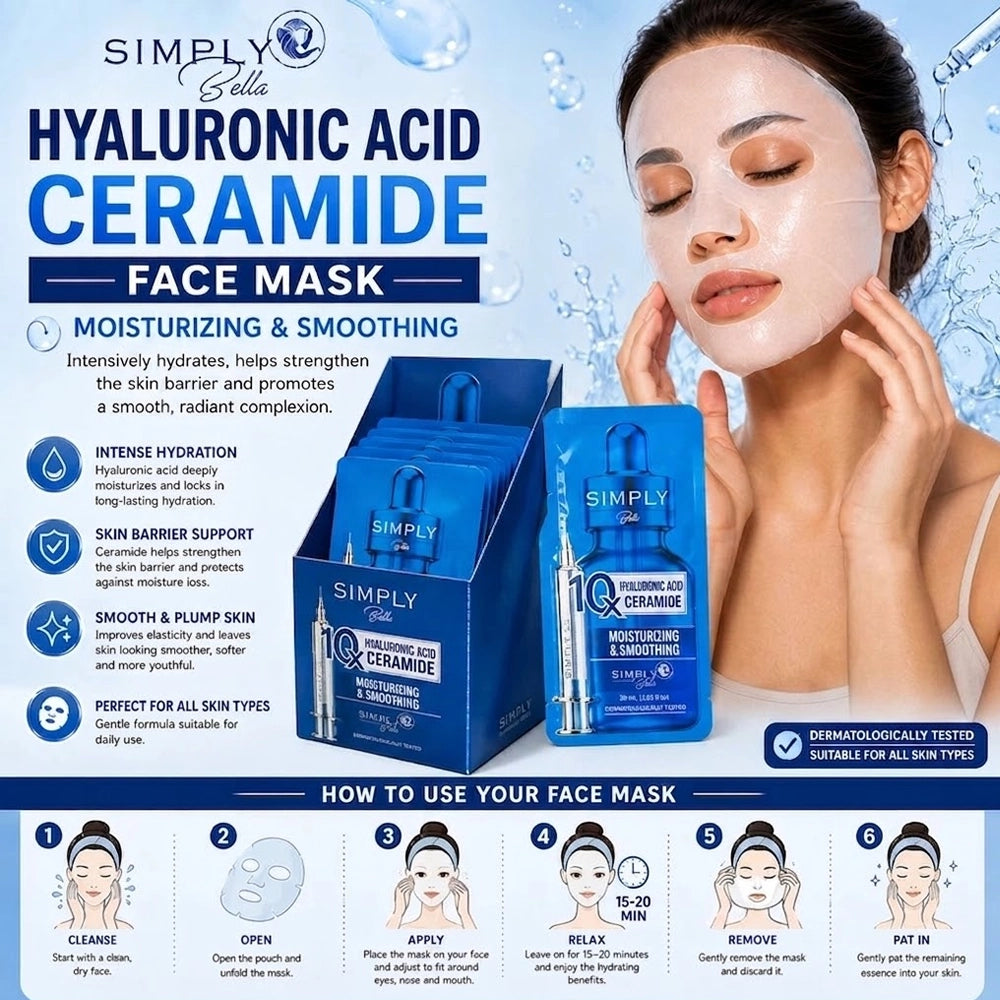 Simply Bella Hyaluronic Acid & Ceramide Face Mask Pack (24 Pcs)