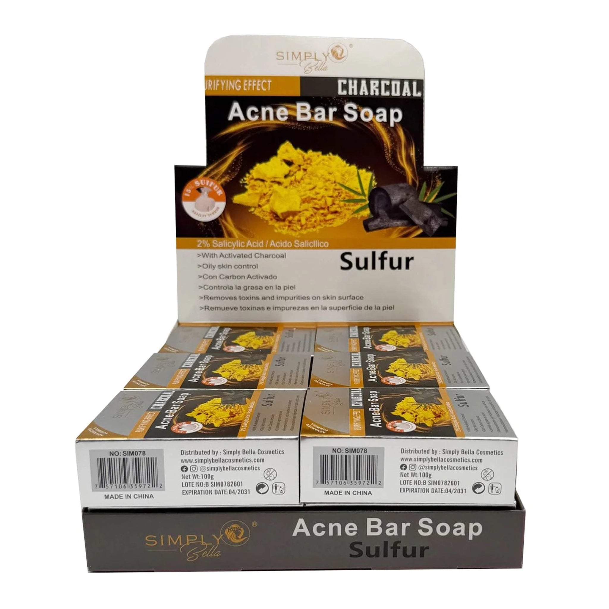 SImply Bella - Activated Charcoal & Sulfur Acne Cleansing Bar Soap (12-Pack)