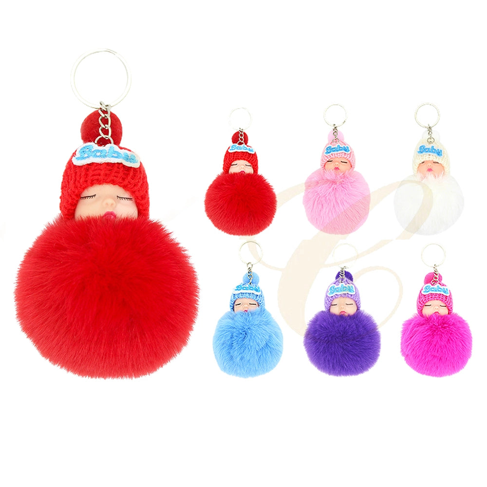 Cute Sleeping Baby Pom Pom Keychain | Fluffy Faux Fur Doll Bag Charm