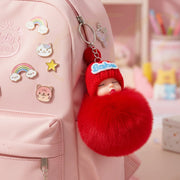 Cute Sleeping Baby Pom Pom Keychain | Fluffy Faux Fur Doll Bag Charm