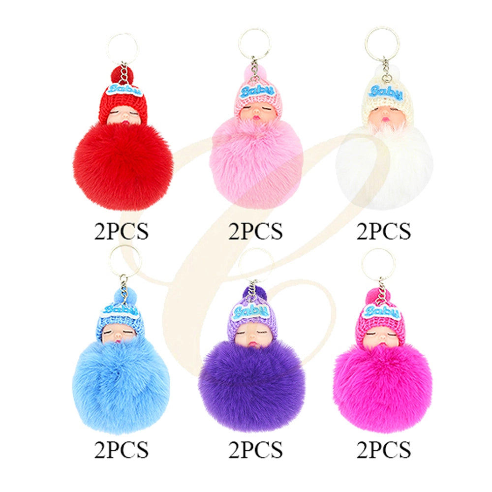 Cute Sleeping Baby Pom Pom Keychain | Fluffy Faux Fur Doll Bag Charm