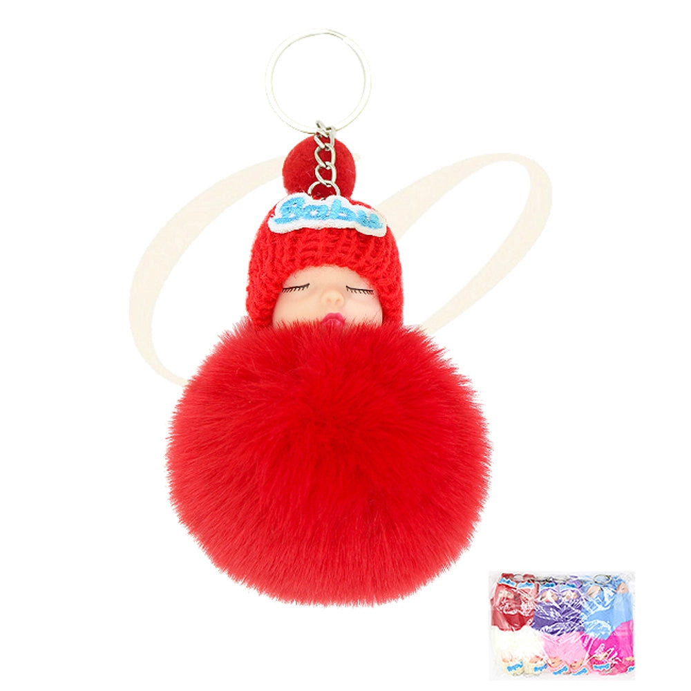 Cute Sleeping Baby Pom Pom Keychain | Fluffy Faux Fur Doll Bag Charm