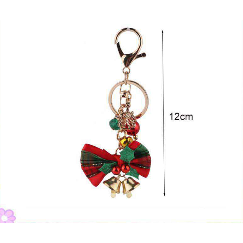 Festive Christmas Bow & Jingle Bell Keychain Charm – Holiday Plaid Ribbon & Trinket Bag Clip Accessory 12 Pcs/ (SKC5)