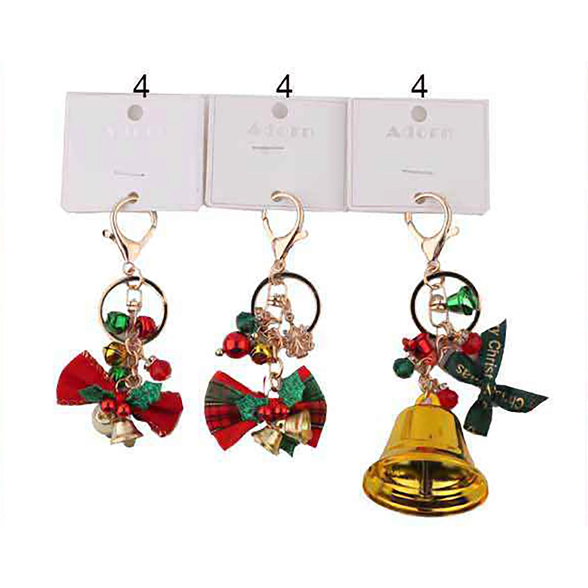 Festive Christmas Bow & Jingle Bell Keychain Charm – Holiday Plaid Ribbon & Trinket Bag Clip Accessory 12 Pcs/ (SKC5)