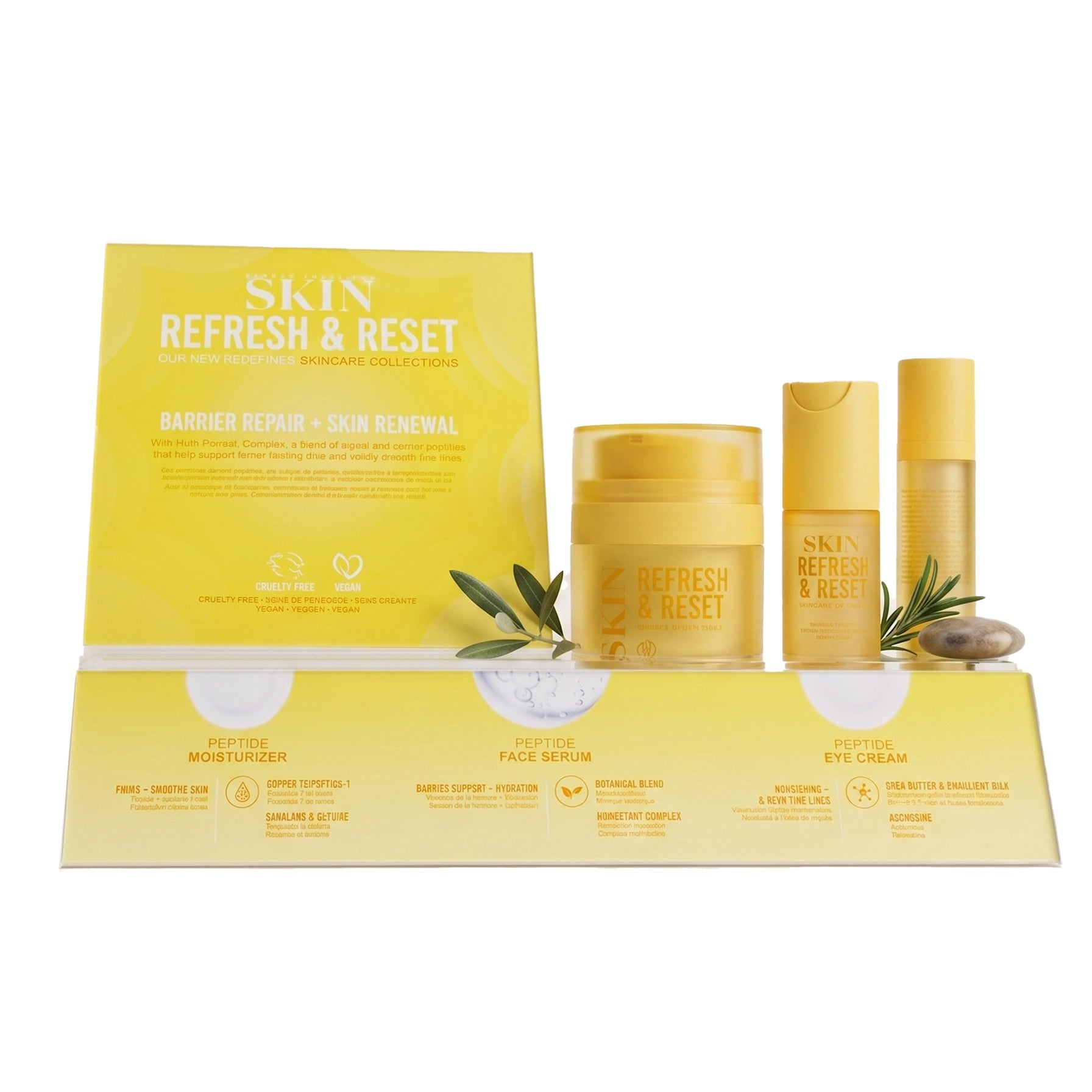 Beauty Creations - Refresh and Reset Display - Barrier Repair & Skin Renewal Set with Peptide Moisturizer, Face Serum & Eye Cream