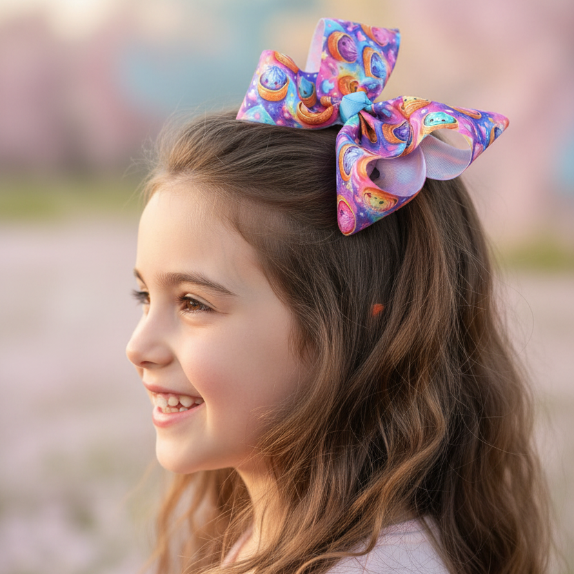 8-Inch Kawaii Food Printed Hair Bows for Girls – Large Oversized Grosgrain Ribbon Bow Clips for Toddlers & Kids (SN21)