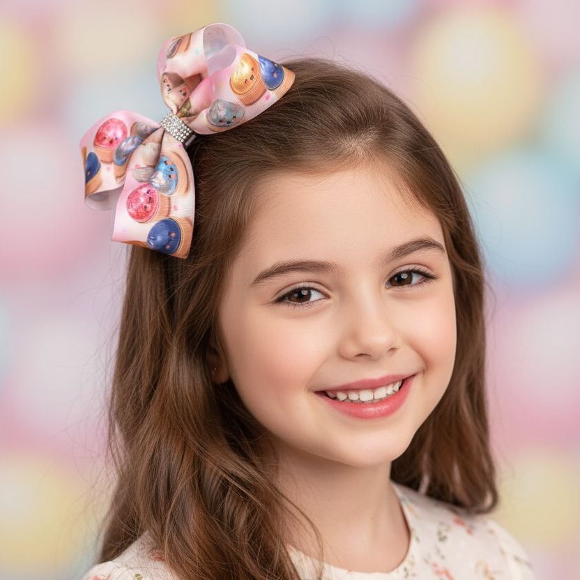 Large Girls Hair Bows (18cm / 7") - Kawaii Ice Cream & Pastry Printed Grosgrain Ribbon Bow Clips, Sparkly Rhinestone Centerpiece, Cute Accessories for Toddlers, Kids, Teens (SN23)
