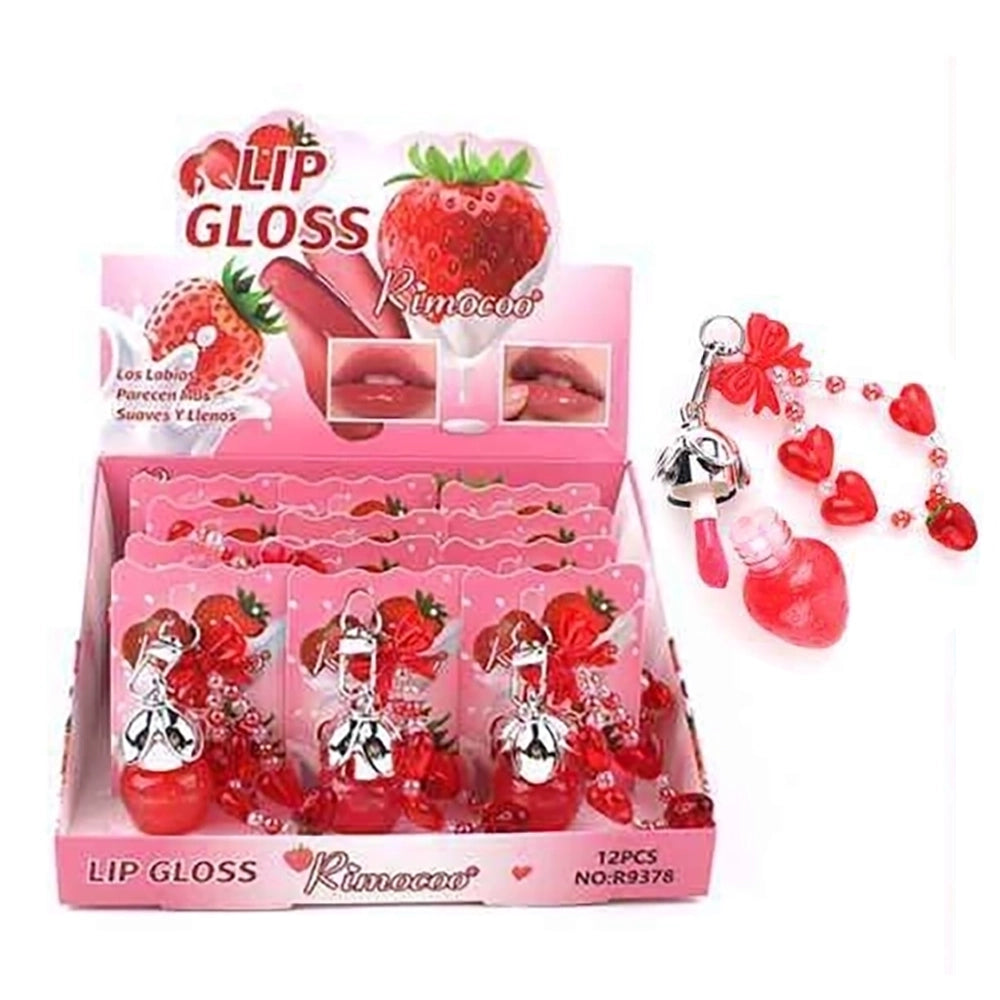 Strawberry Keychain Lip Gloss - Cute Mini Lip Oil Pendant with Beaded Strap & Bow Charm (SN57)