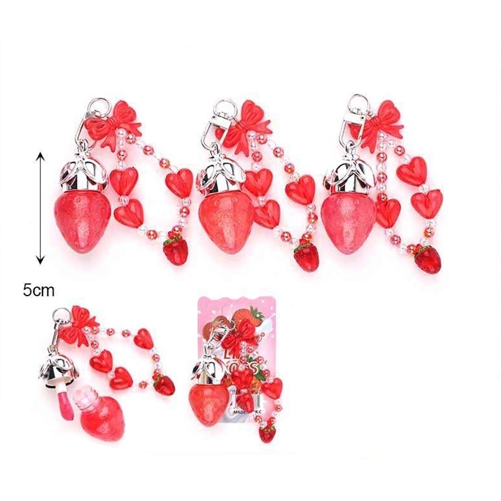 Strawberry Keychain Lip Gloss - Cute Mini Lip Oil Pendant with Beaded Strap & Bow Charm (SN57)