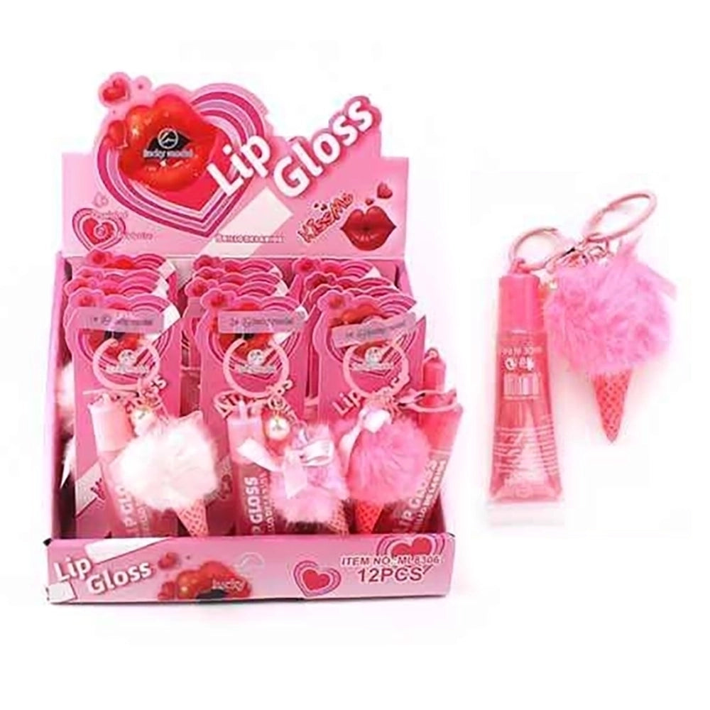 Cute Pink Ice Cream Cone Keychain Lip Gloss Set (12-Piece Display Box) – Fluffy Pom Pom Lip Balm Bag Charm & Party Favor (SN58)