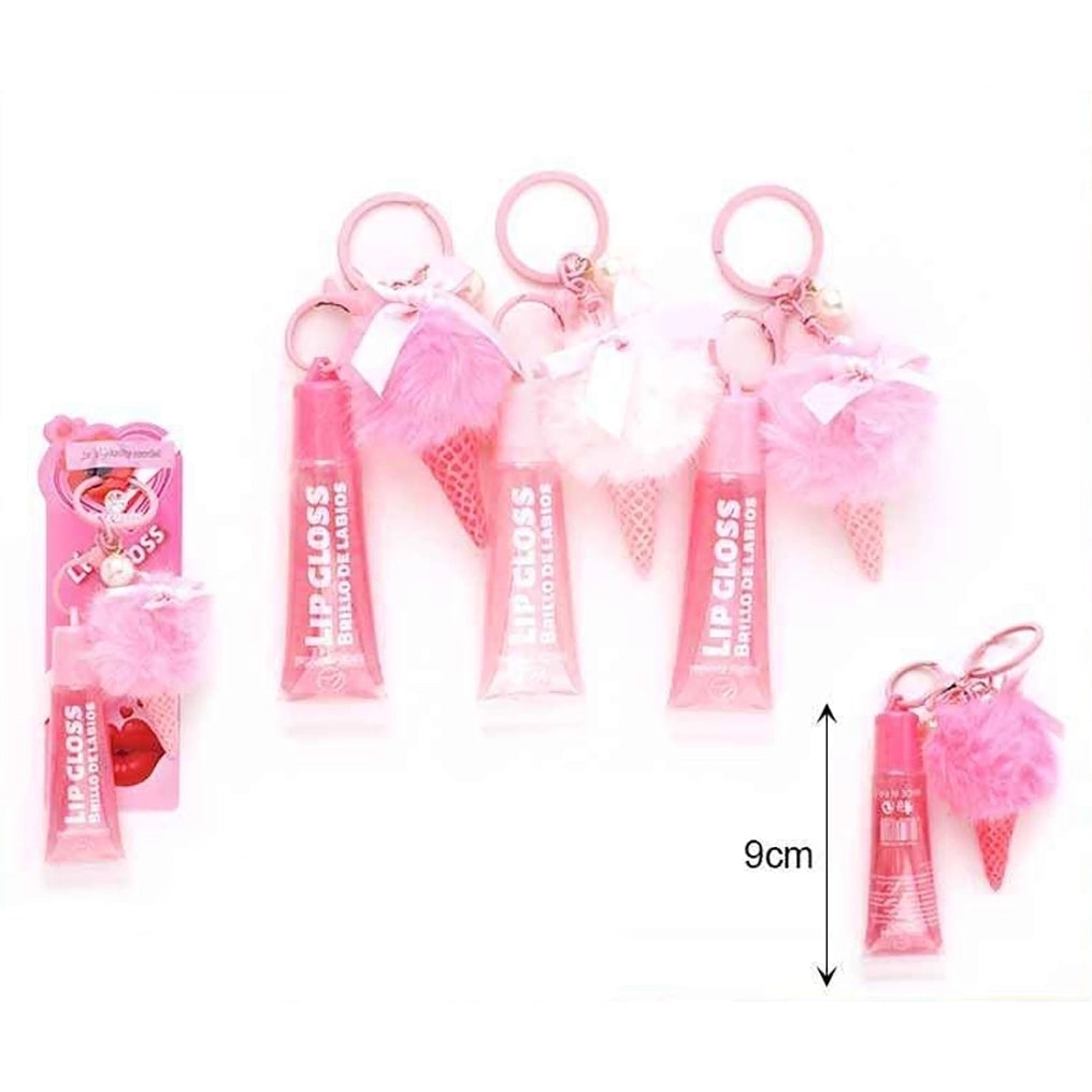 Cute Pink Ice Cream Cone Keychain Lip Gloss Set (12-Piece Display Box) – Fluffy Pom Pom Lip Balm Bag Charm & Party Favor (SN58)