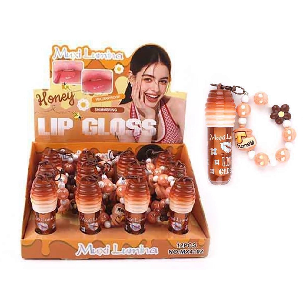 Muxi Lumina Honey Shimmering Lip Gloss Keychain | Waterproof Mini Honeycomb Lip Oil with Beaded Charm (SN59)