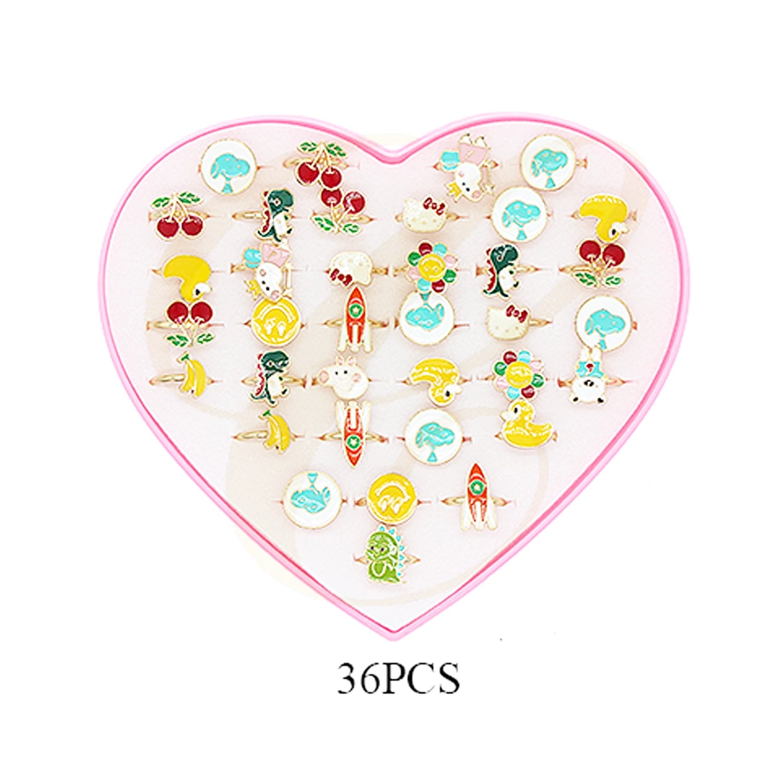 Adjustable Gold-Tone Enamel Ring Set for Kids – Assorted Animal, Fruit, and Space Designs with Heart-Shaped Display Box (SRN-0297)