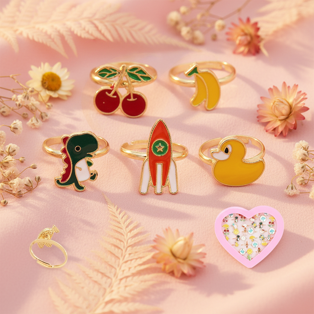 Adjustable Gold-Tone Enamel Ring Set for Kids – Assorted Animal, Fruit, and Space Designs with Heart-Shaped Display Box (SRN-0297)