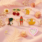 Adjustable Gold-Tone Enamel Ring Set for Kids – Assorted Animal, Fruit, and Space Designs with Heart-Shaped Display Box (SRN-0297)