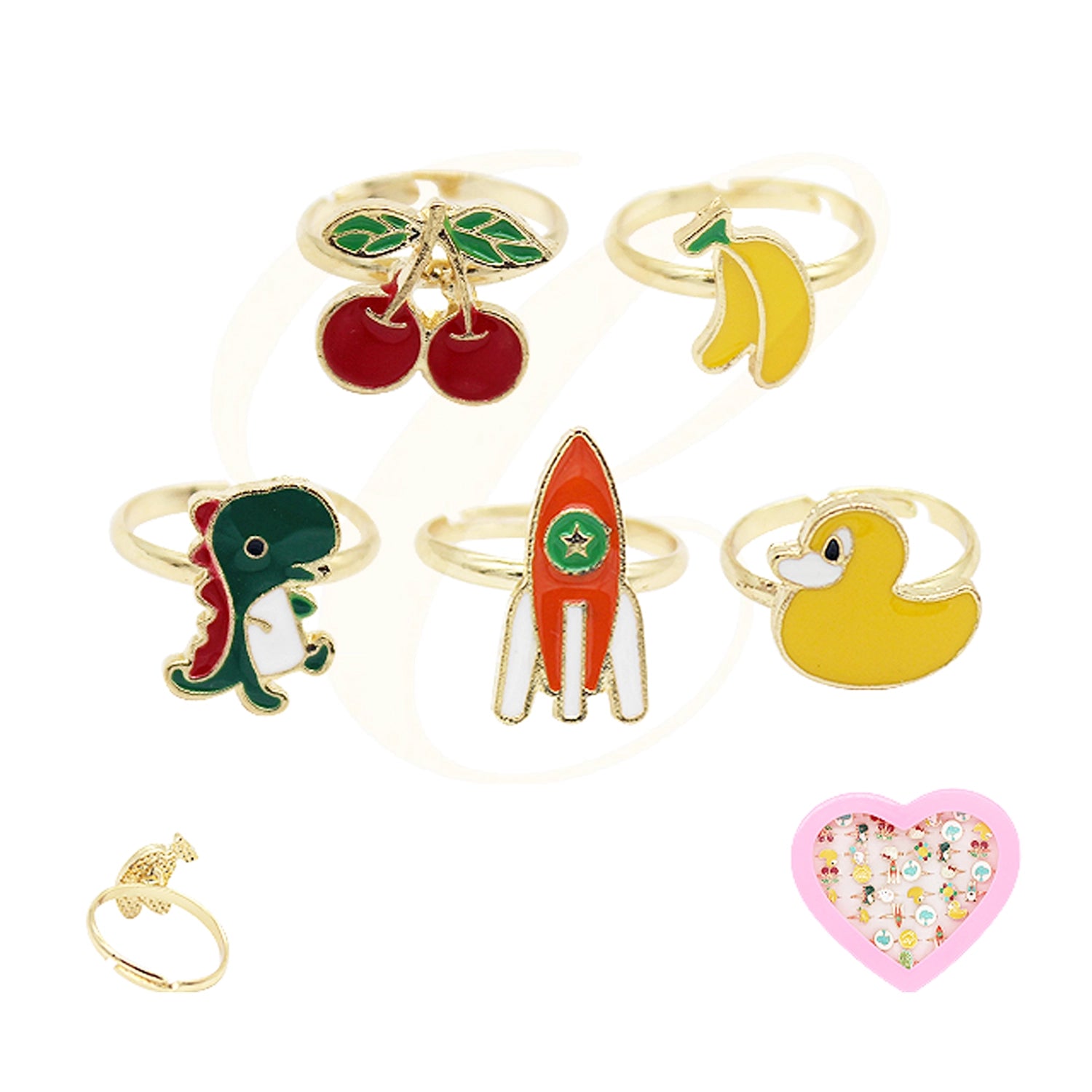 Adjustable Gold-Tone Enamel Ring Set for Kids – Assorted Animal, Fruit, and Space Designs with Heart-Shaped Display Box (SRN-0297)
