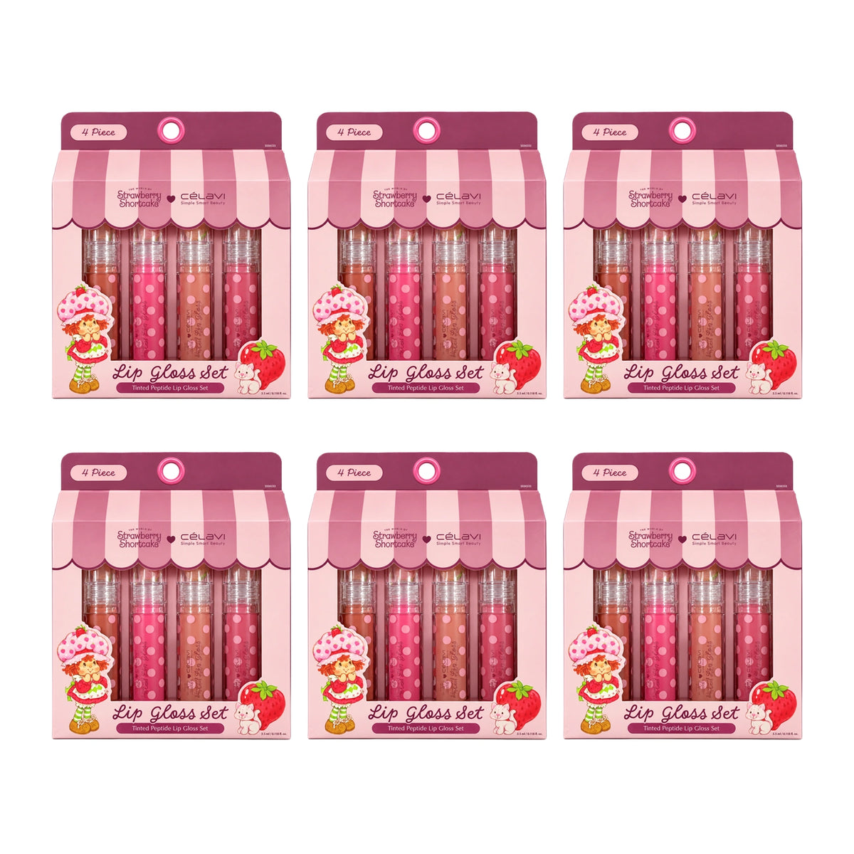 Strawberry Shortcake x CÉLAVI Lip Gloss Set (4-Piece Collection) – Tinted Peptide Lip Gloss Set in Berry Pink & Nude Shades with Clear Shimmer Caps