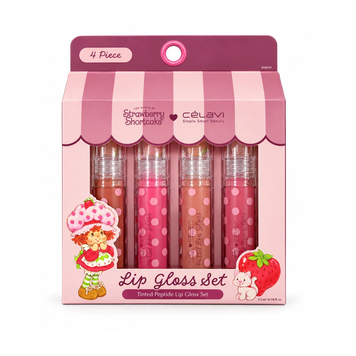 Strawberry Shortcake x CÉLAVI Lip Gloss Set (4-Piece Collection) – Tinted Peptide Lip Gloss Set in Berry Pink & Nude Shades with Clear Shimmer Caps