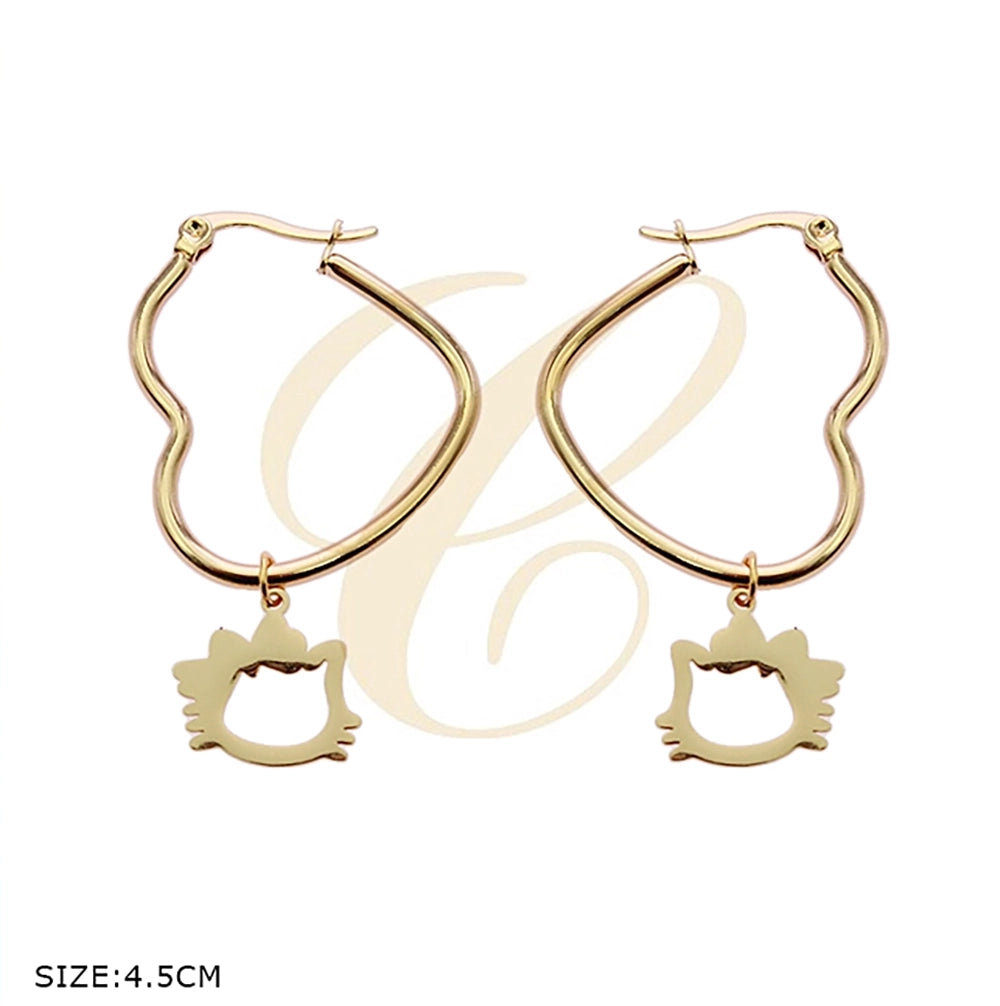 Whimsical Heart-Shaped Hoop Earrings with Cute Feline Cutout Charms (SSE-0116GS)