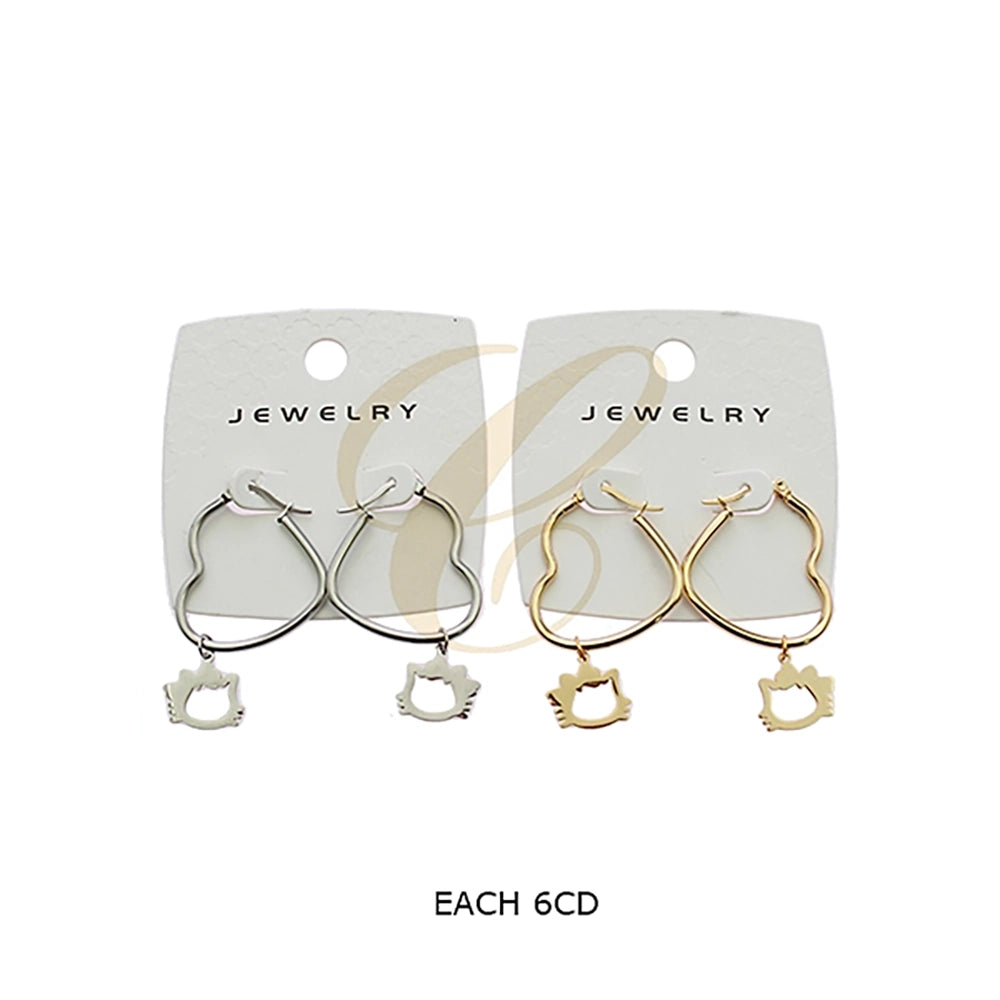 Whimsical Heart-Shaped Hoop Earrings with Cute Feline Cutout Charms (SSE-0116GS)