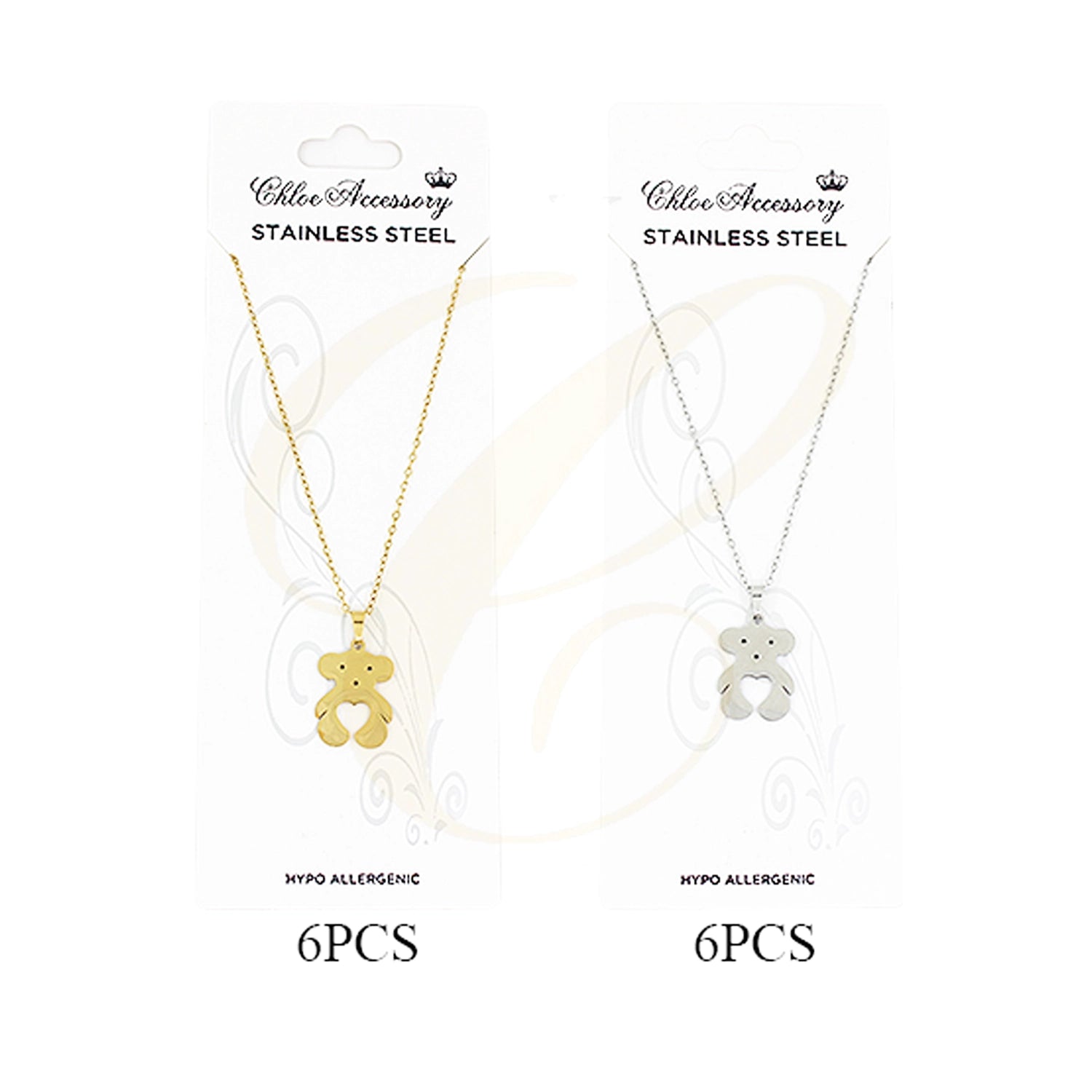 Heart-Cutout Teddy Bear Necklace | Hypoallergenic Stainless Steel (SSN-0030GS)